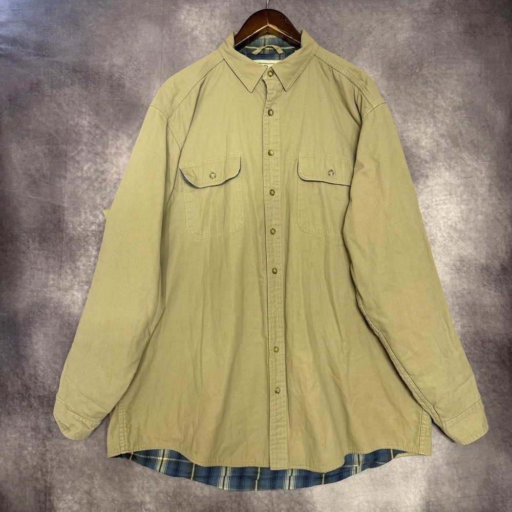 L.L.Bean Shirt Jacket Mens XLT Beige Canvas Flannel Lined‎ Button Up Workwear
